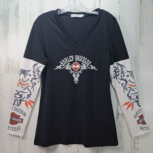 MissLook Black Harley T Shirt White Tattoo Sleeves Womens Sz S Moto *Read *Logo